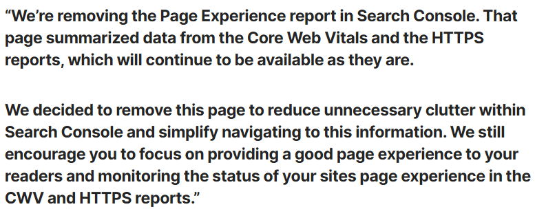 Google on retiring search console page experience report